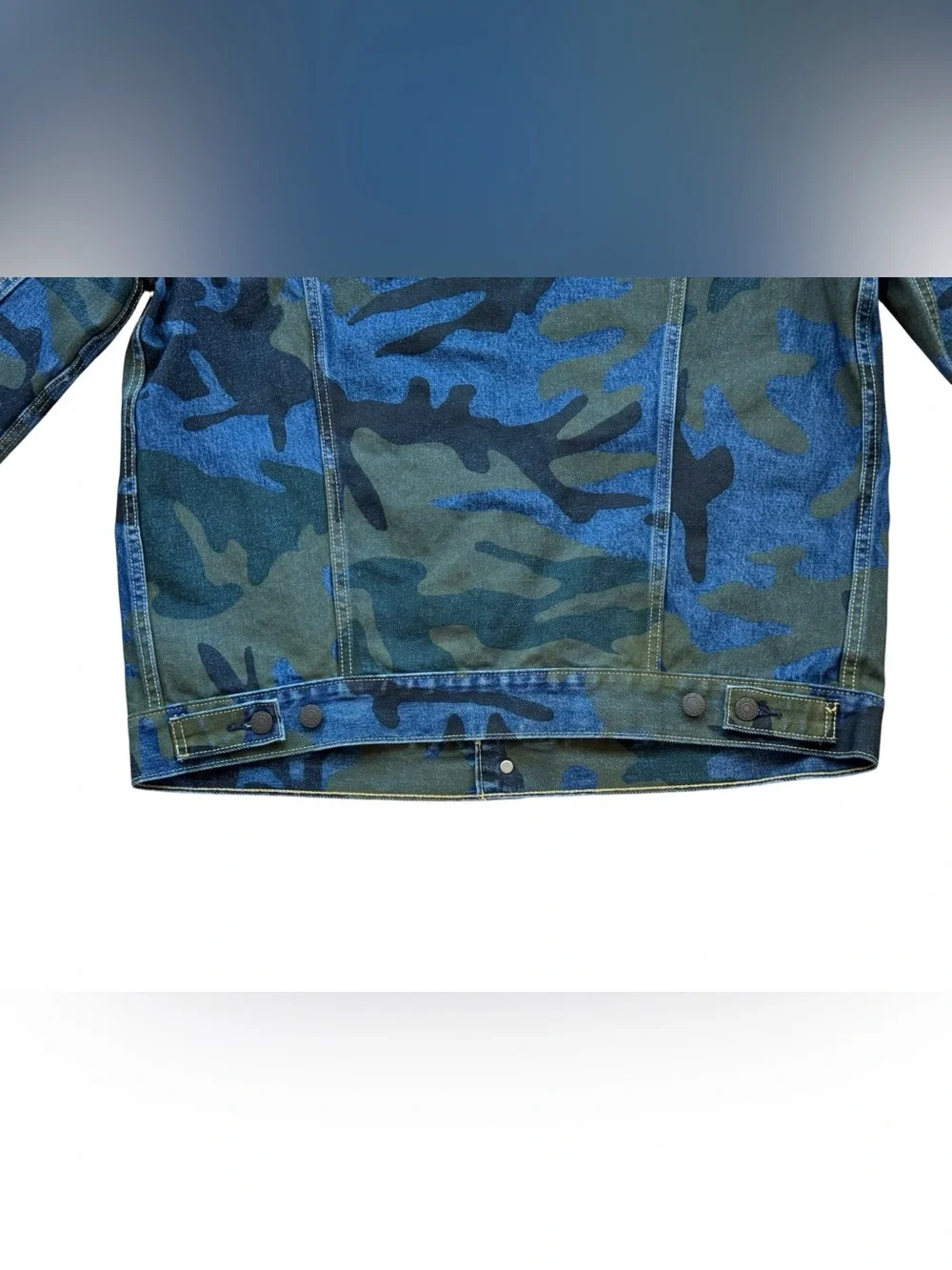 Levis Premium Camo Trucker Denim Jean Jacket Mens XL Blue Green Big E